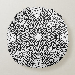 Schwarz-Weiß-Mandala-Rahmenmuster Rundes Kissen