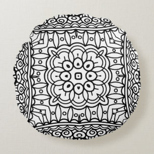 Schwarz-Weiß-Mandala-Rahmenmuster Rundes Kissen