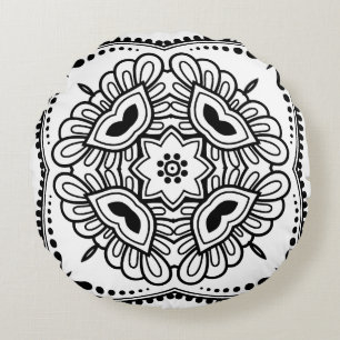 Schwarz-Weiß-Mandala-Rahmenmuster Rundes Kissen