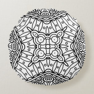 Schwarz-weiß-Mandala-Rahmenmuster Rundes Kissen
