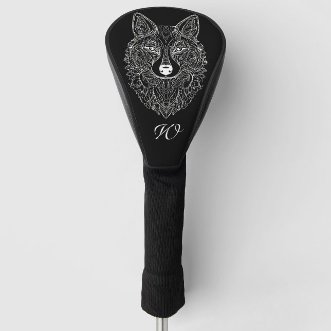 Schwarz-Weiß-Mandala-Wolf-Kopfmonogramm Golf Headcover (Vorderseite)