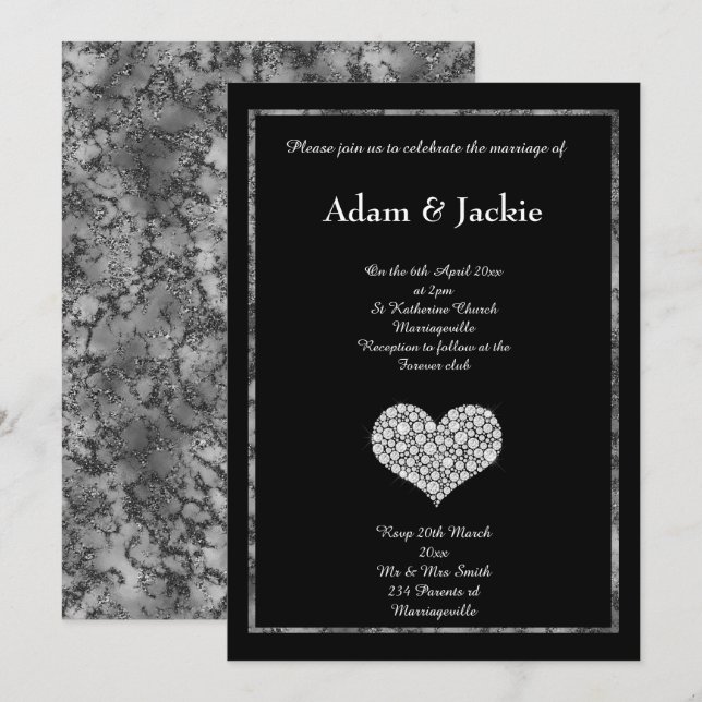 SCHWARZ-WEISS MARBLE DIAMOND HEART WEDD EINLADUNG (Vorne/Hinten)
