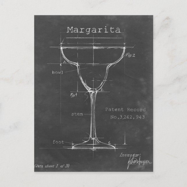 Schwarz-Weiß-Margarita-Glas-Blueprint Postkarte (Vorderseite)
