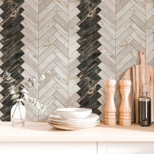 Schwarz-Weiß-Marmor Fischgrätmuster Chevron Tapete