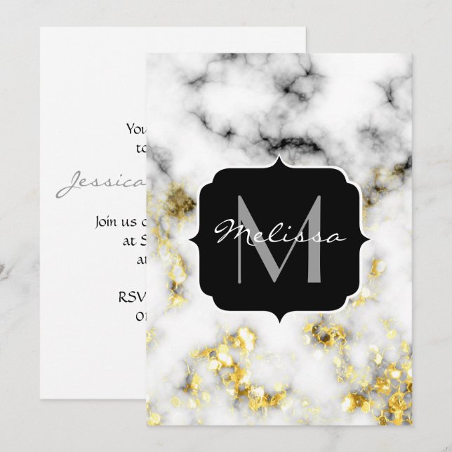 Schwarz-Weiß-Marmor-Gold-Funkelflake Monogram Einladung (Vorne/Hinten)