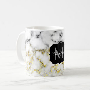 Schwarz-Weiß-Marmor-Gold-Funkelflake Monogram Kaffeetasse