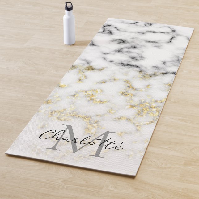 Schwarz-Weiß-Marmor-Gold-Funkelflake Monogram Yogamatte (Beispiel)