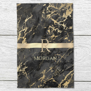 Schwarz-Weiß-Marmor, Gold-Monogramm, Name und Stre Geschirrtuch
