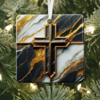 Schwarz-Weiß-Marmor-Kreuz mit Gold Ornament Aus Metall