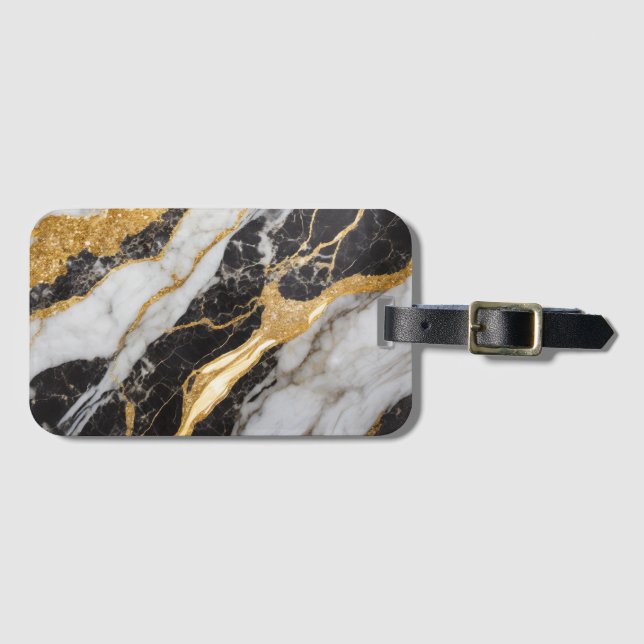 Schwarz-Weiß-Marmor-Muster mit Gold Gepäckanhänger (Vorderseite (Horizontal))