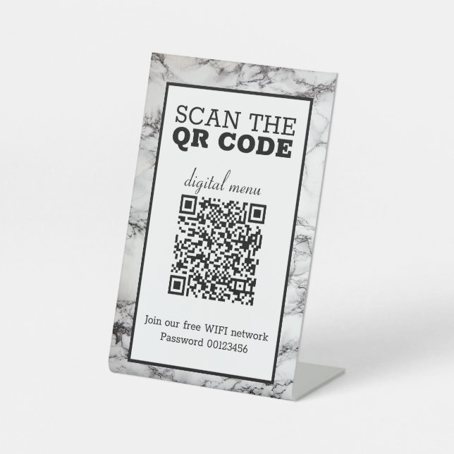 Schwarz-Weiß-Marmor-QR-Code-Digitalmenü Sockelschild (Vorderseite)