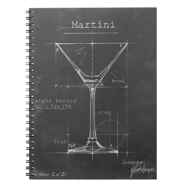 Schwarz-Weiß-Martini-Glas-Blueprint Notizblock (Vorderseite)