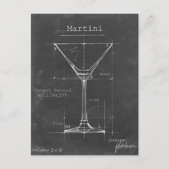 Schwarz-Weiß-Martini-Glas-Blueprint Postkarte (Vorderseite)
