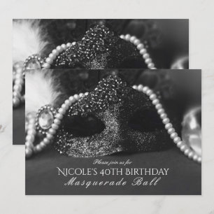 Schwarz-Weiß-Maskenball-Maske und Perlen-Einladung Einladung