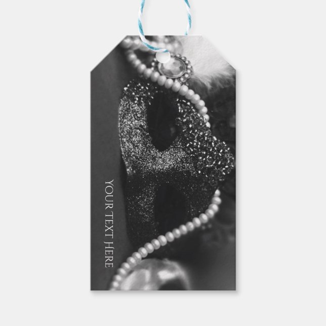 Schwarz-Weiß-Maskenmasken und Perlen Party Geschenkanhänger (Vorderseite)