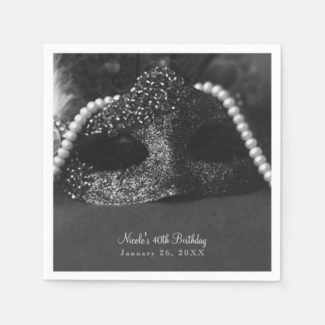 Schwarz-Weiß-Maskenmasken und Perlen Party Serviette (Vorderseite)