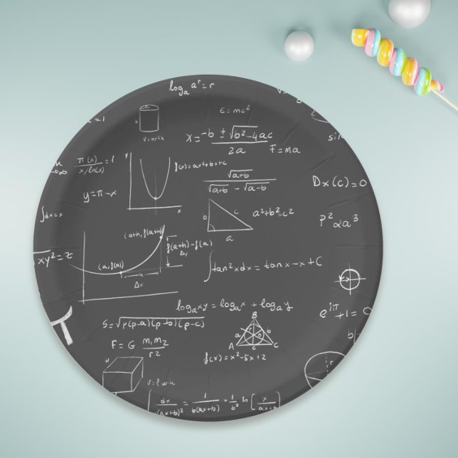 Schwarz-Weiß-Math-Gleichungen und Grafiken Pappteller (Math formulas and equations paper plates for your math birthday or graduation party)