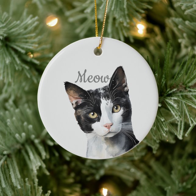 Schwarz-weiß Meow Cat Keramik Ornament (Baum)