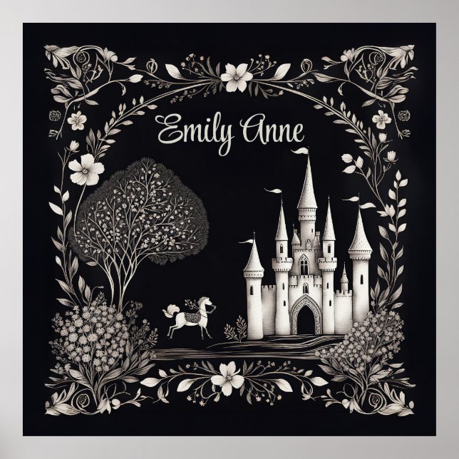 Schwarz-Weiß-Messe Schloss mit Pferd Poster (Vorne)