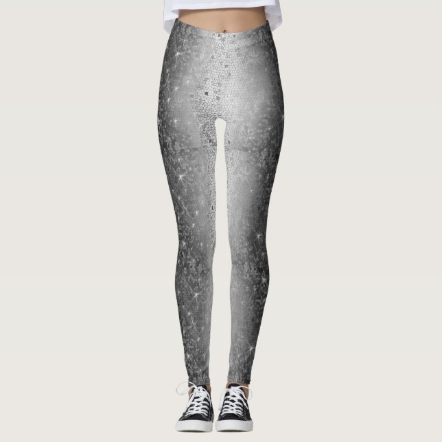 Schwarz-Weiß-Metallischer Glitzer Sparkle Leggings (Vorderseite)