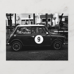 Schwarz-Weiß-Mini-Cooper-Auto Nummer 9 Postkarte