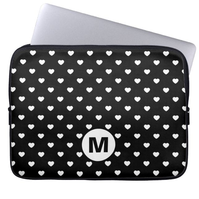 Schwarz-Weiß-Mini-Herzen-Muster-Monogramm Laptopschutzhülle (Vorderseite)