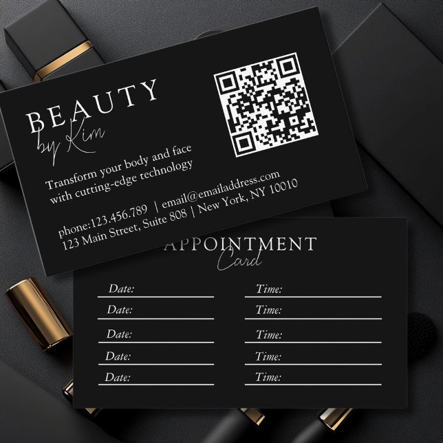 Schwarz & Weiß, Minimal, elegant, Salon, QR-Code Terminkarte (Black & White, Minimal, Elegant, Salon, QR-Code Appointment Card)