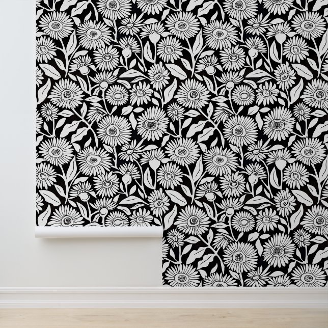 Schwarz-Weiß-Minimal-Sonnenblume Tapete (Anwendung)