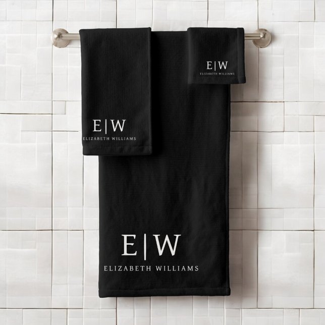Schwarz-Weiß-Minimalistisch-Modern-Monogramm Badhandtuch Set (Von Creator hochgeladen)