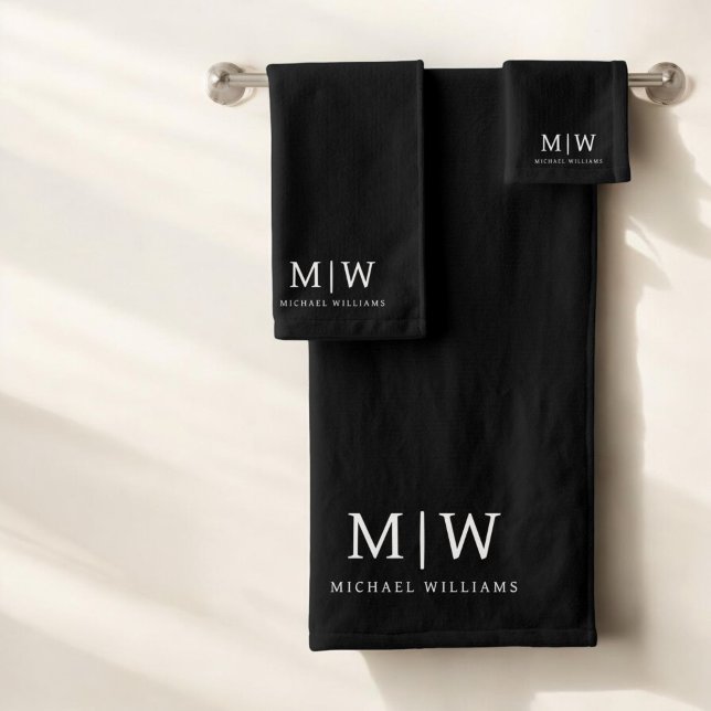 Schwarz-Weiß-Minimalistisch-Modern-Monogramm Badhandtuch Set (Von Creator hochgeladen)