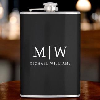 Schwarz-Weiß-Minimalistisch-Modern-Monogramm Flachmann