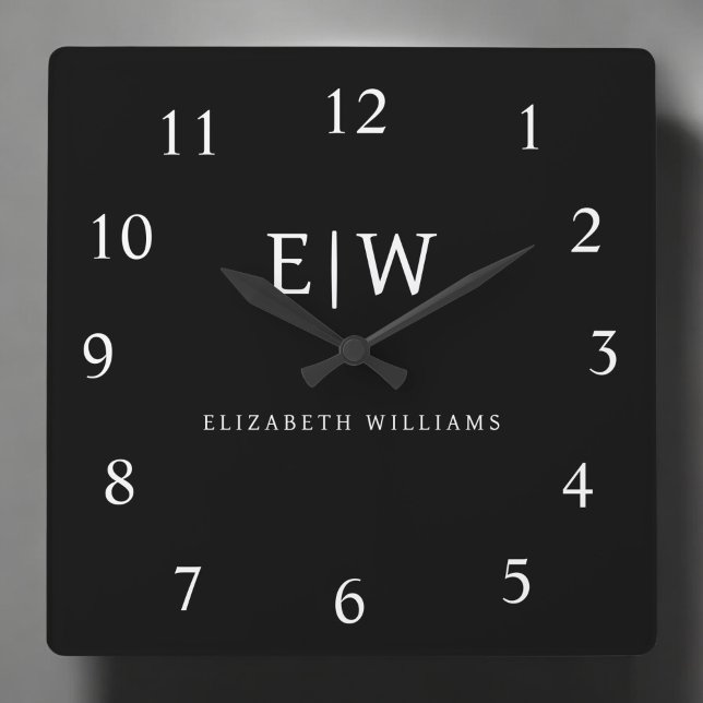 Schwarz-Weiß-Minimalistisch-Modern-Monogramm Quadratische Wanduhr (Von Creator hochgeladen)