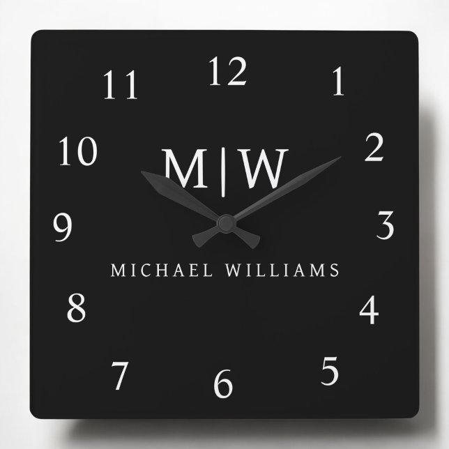 Schwarz-Weiß-Minimalistisch-Modern-Monogramm Quadratische Wanduhr (Von Creator hochgeladen)