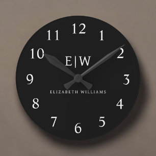 Schwarz-Weiß-Minimalistisch-Modern-Monogramm Runde Wanduhr