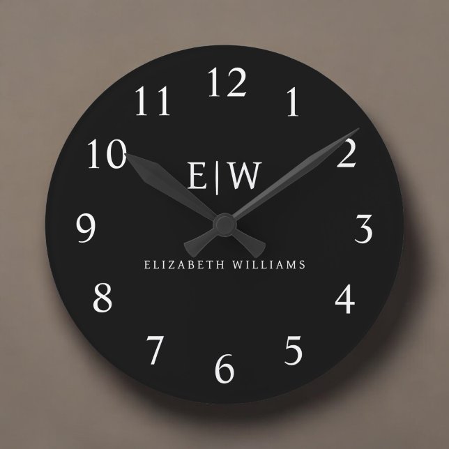 Schwarz-Weiß-Minimalistisch-Modern-Monogramm Runde Wanduhr (Von Creator hochgeladen)