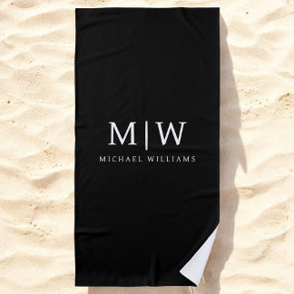 Schwarz-Weiß-Minimalistisch-Modern-Monogramm Strandtuch