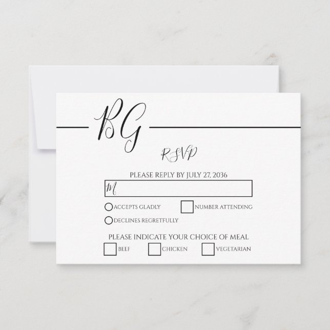 Schwarz-Weiß-Minimalistisch-Monogramm-Hochzeit RSVP Karte (Vorderseite)