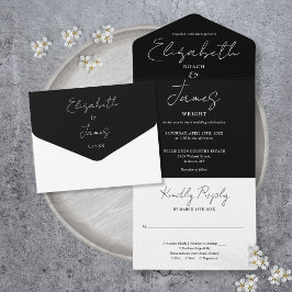 Schwarz-Weiß-Minimalistische, elegante Script-Hoch All In One Einladung