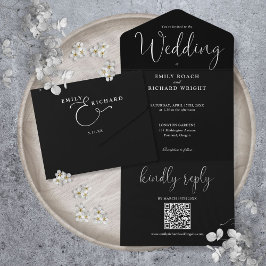 Schwarz-Weiß-Minimalistische QR-Hochzeit All In One Einladung
