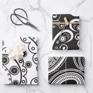 Schwarz Weiß Minimalistischer Paisley Geschenkpapier Set