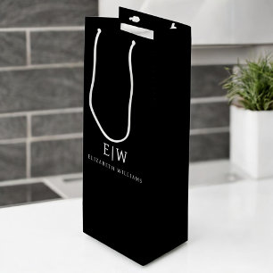 Schwarz-Weiß-Minimalistisches modernes Monogramm Geschenktüte Für Weinflaschen
