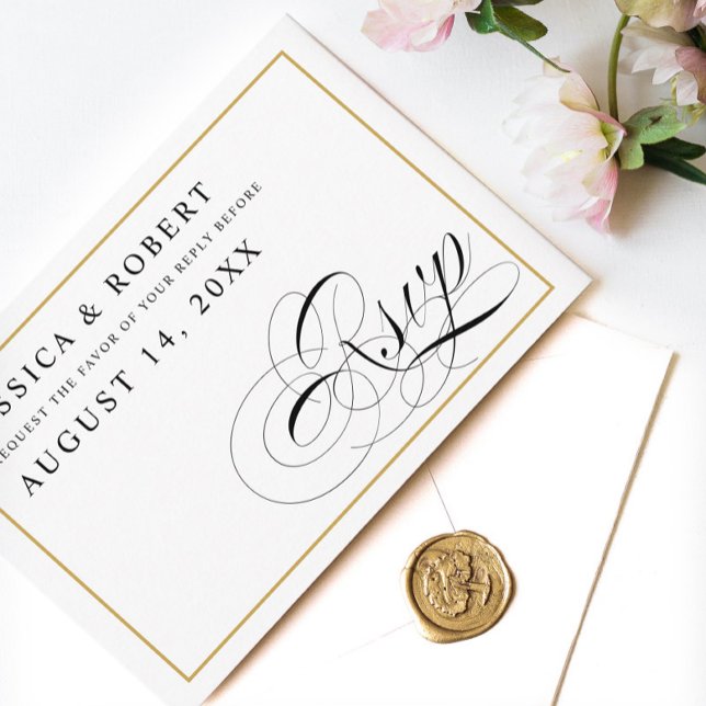Schwarz & Weiß mit festem Gold-Hochzeitstil RSVP Karte (Von Creator hochgeladen)