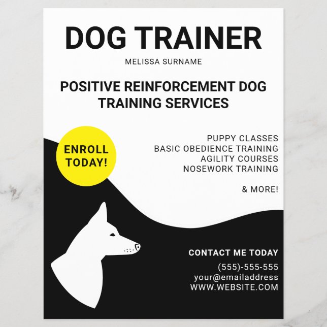 Schwarz/Weiß mit gelber Dog-Design - Hundetrainer Flyer (Vorne)
