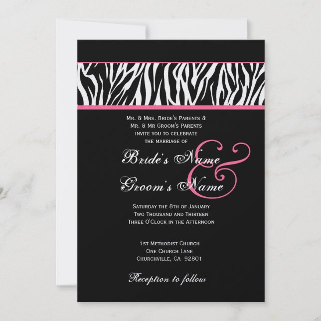 Schwarz-weiß mit Pink Zebra Wedding Metallic Paper Einladung (Vorderseite)
