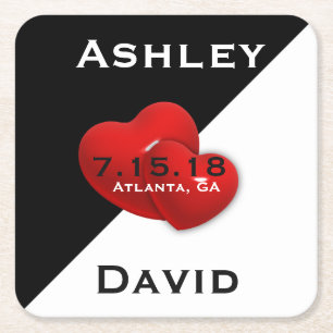 Schwarz-weiß mit Red Heart Save the Date Untersetz Rechteckiger Pappuntersetzer