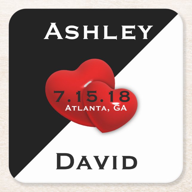 Schwarz-weiß mit Red Heart Save the Date Untersetz Rechteckiger Pappuntersetzer (Vorderseite)