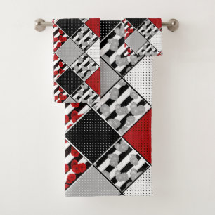 Schwarz-weiß mit rotem Retro-Patchwork Badhandtuch Set