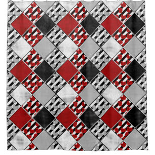 Schwarz-weiß mit rotem Retro-Patchwork Duschvorhang