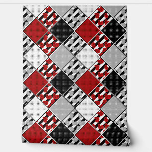 Schwarz-weiß mit rotem Retro-Patchwork Tapete