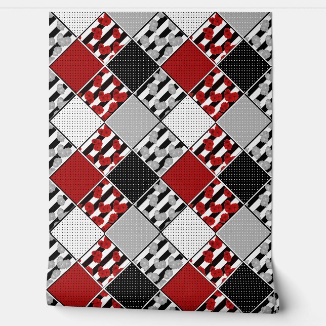 Schwarz-weiß mit rotem Retro-Patchwork Tapete (Abrollen)